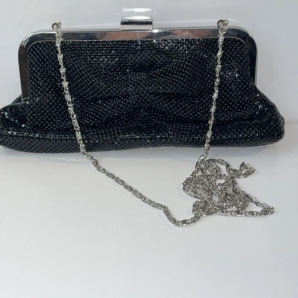 Jessica McClintock Bow Purse Black Metal Mesh Clutch Evening Bag W/ Strap‎ AL4